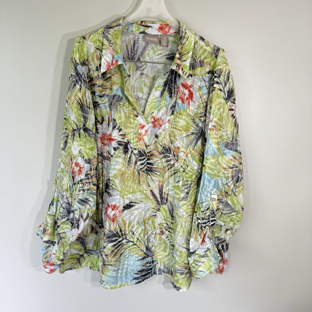 Chico's Tunic Blouse Collared 3 US XL/16 Green Palms Print Roll Tab Sleeves New